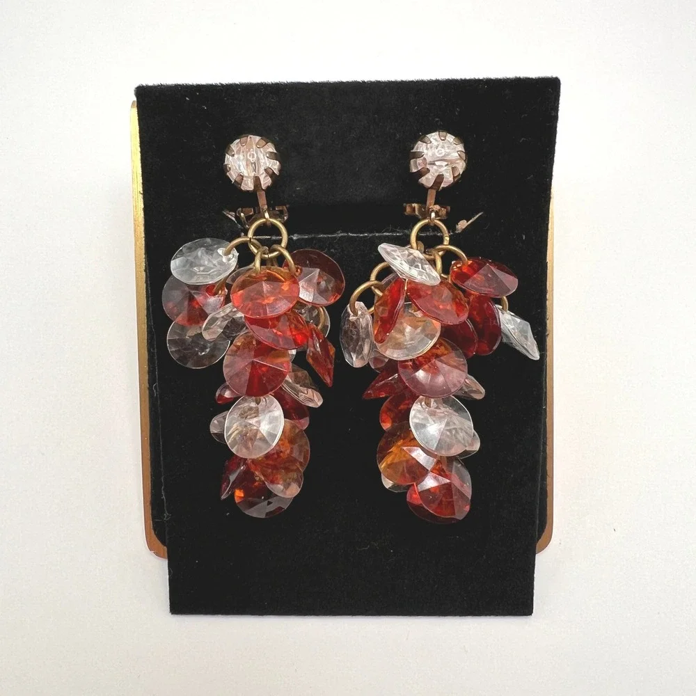 Vintage Lucite Cluster Clip On Earrings‎ Amber Orange Clear Faceted MCM Retro